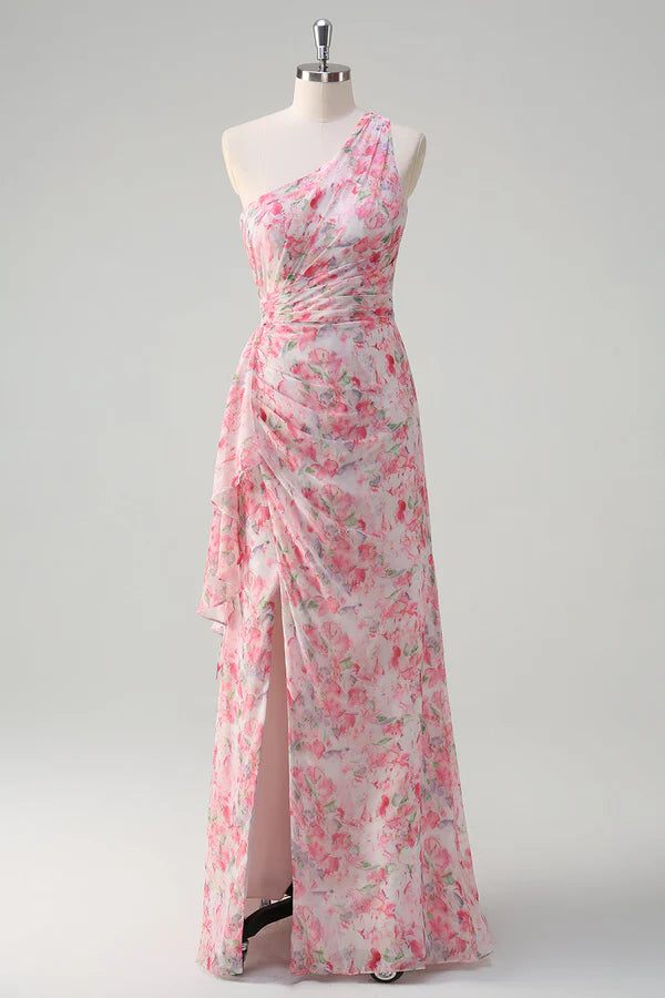 Pink Floral One Shoulder Long Prom Dress With Slit simple gentle atmospheric and unique desi