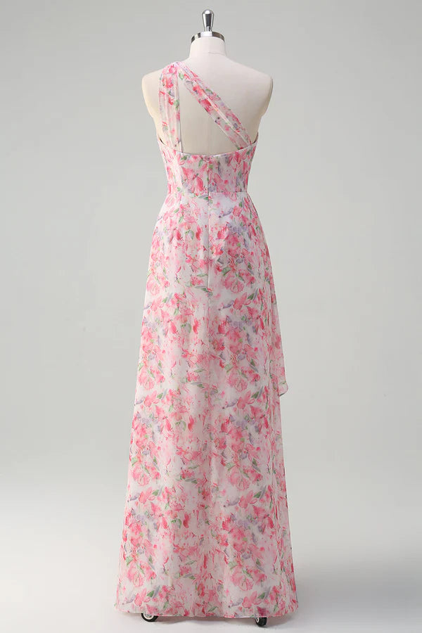 Pink Floral One Shoulder Long Prom Dress With Slit simple gentle atmospheric and unique desi