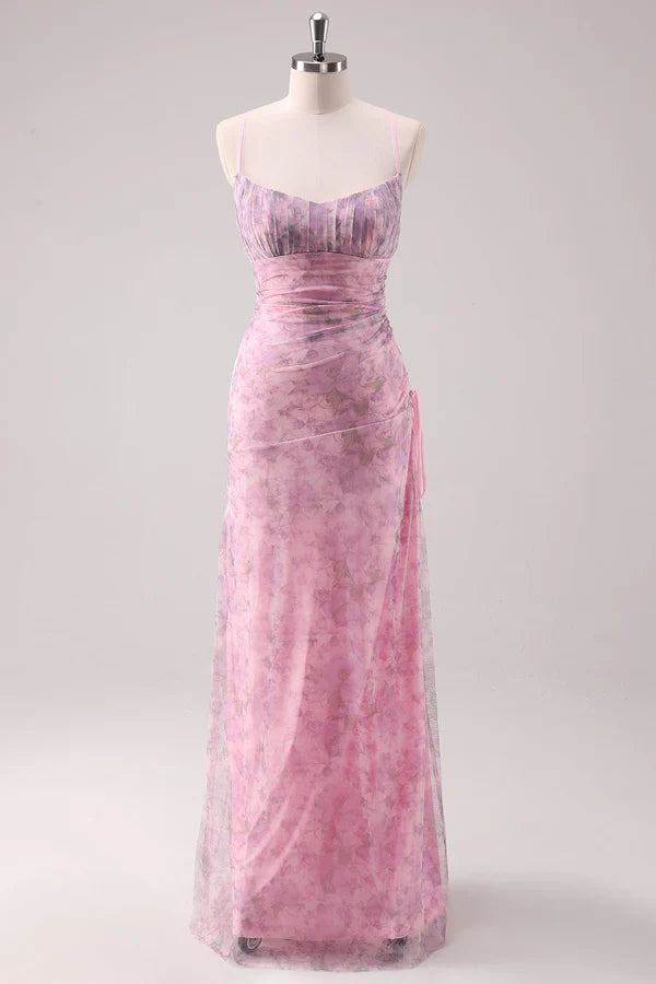 Pink Floral Spaghetti Straps Sheath Long Prom Dress simple gentle atmospheric and unique desi Bring summer colors to enhance whitenes snhance whiteness