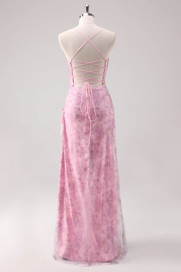Pink Floral Spaghetti Straps Sheath Long Prom Dress simple gentle atmospheric and unique desi Bring summer colors to enhance whitenes snhance whiteness