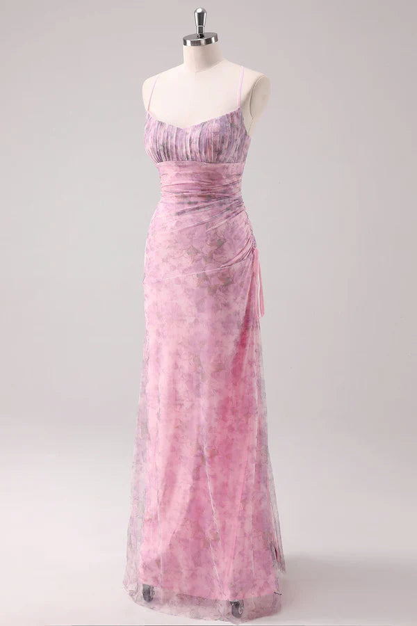Pink Floral Spaghetti Straps Sheath Long Prom Dress simple gentle atmospheric and unique desi Bring summer colors to enhance whitenes snhance whiteness