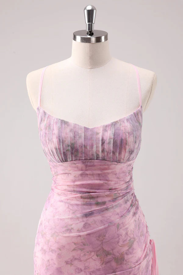 Pink Floral Spaghetti Straps Sheath Long Prom Dress simple gentle atmospheric and unique desi Bring summer colors to enhance whitenes snhance whiteness