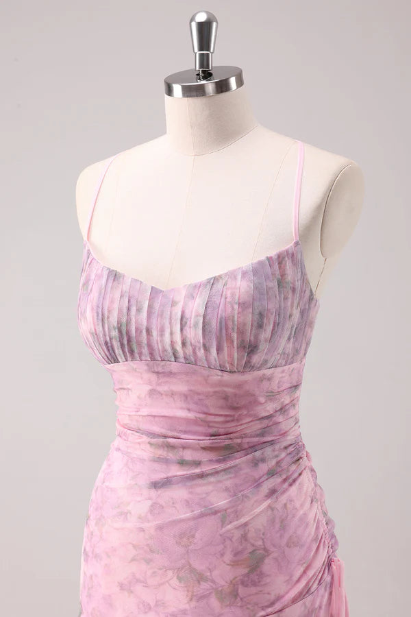 Pink Floral Spaghetti Straps Sheath Long Prom Dress simple gentle atmospheric and unique desi Bring summer colors to enhance whitenes snhance whiteness