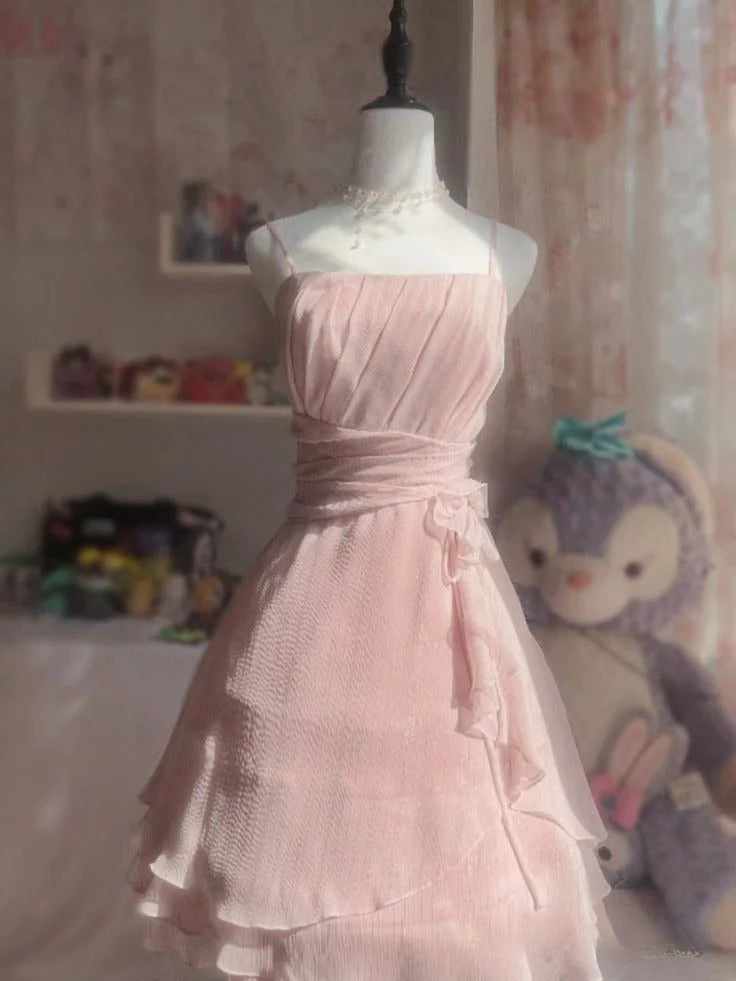 Pink Gentle A Line Spaghetti Strap Chiffon Short Homecoming Dress Cocktail Dress simple gentle atmospheric and unique desi Bring summer colors to enhance whiteness