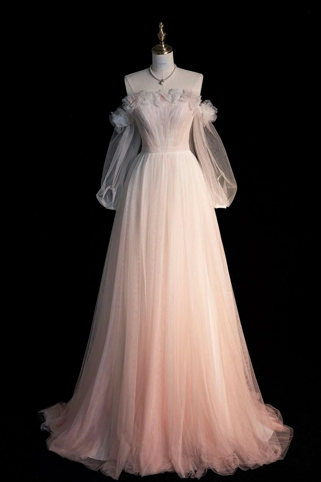 Pink Gradient Tulle Long A-Line Prom Dress Long Sleeve Evening Party Dress simple gentle atmospheric and unique desi Bring summer colors to enhance white