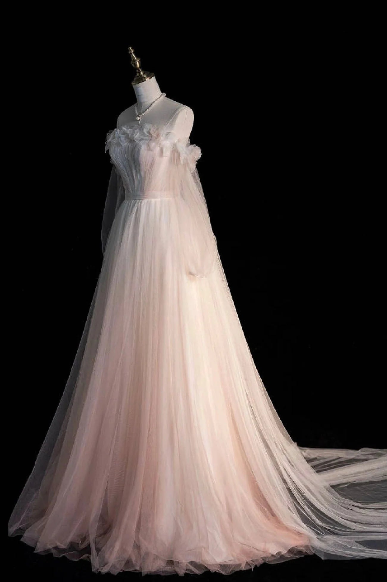 Pink Gradient Tulle Long A-Line Prom Dress Long Sleeve Evening Party Dress simple gentle atmospheric and unique desi Bring summer colors to enhance white