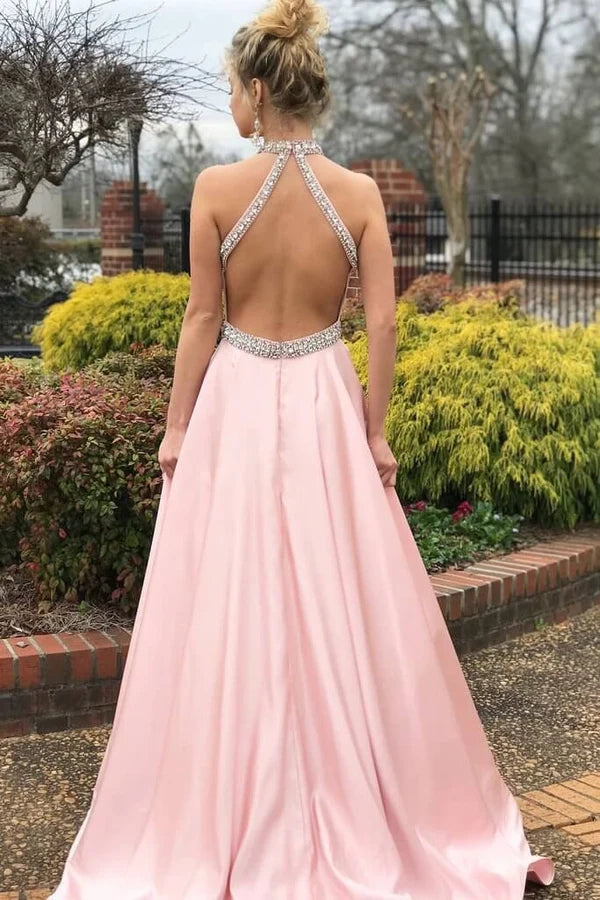 Pink Halter Sleeveless Prom Dress Long With Crystals Simple gentle atmospheric and unique design