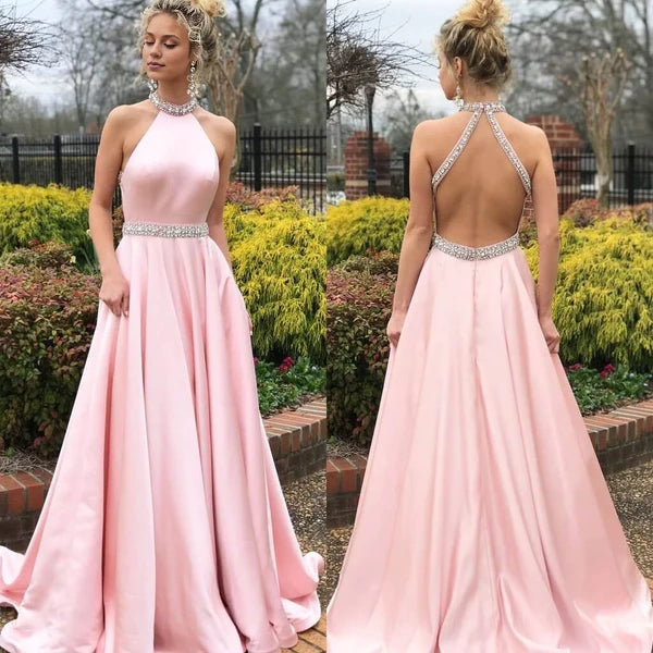 Pink Halter Sleeveless Prom Dress Long With Crystals Simple gentle atmospheric and unique design