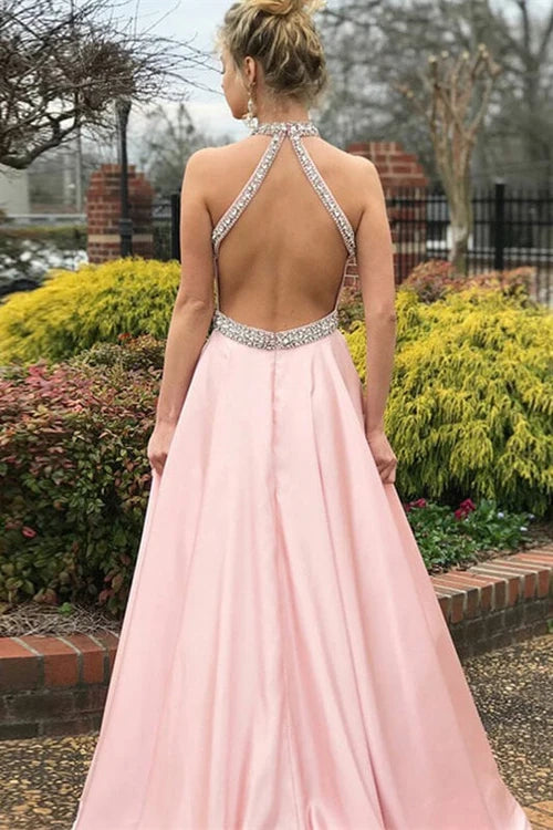 Pink Halter Sleeveless Prom Dress Long With Crystals Simple gentle atmospheric and unique design