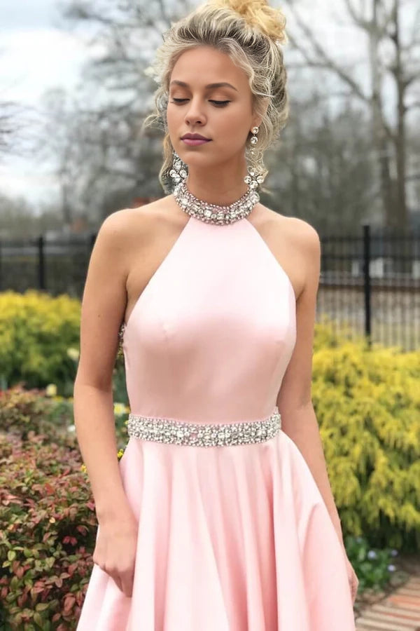 Pink Halter Sleeveless Prom Dress Long With Crystals Simple gentle atmospheric and unique design