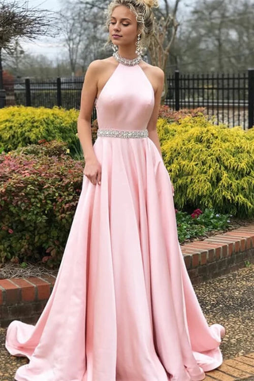 Pink Halter Sleeveless Prom Dress Long With Crystals Simple gentle atmospheric and unique design