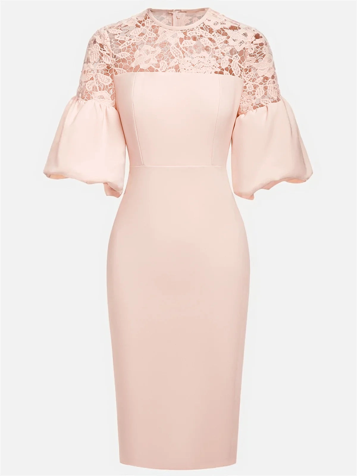 Pink Lace Classic Crew Neck Half Sleeve Balloon Sleeve Sheath Midi Dress simple gentle atmospheric and unique desi Bring summer colors to enhance whiteness