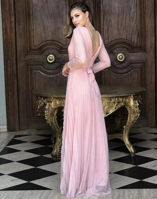 Pink Long Sleeves Prom Dress Tulle Long Holiday Party Dress Simple gentle atmospheric and unique design