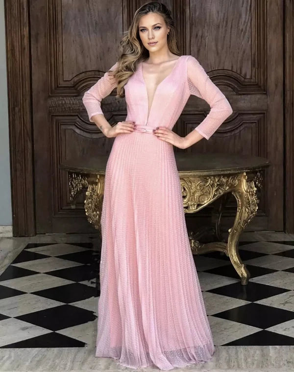 Pink Long Sleeves Prom Dress Tulle Long Holiday Party Dress Simple gentle atmospheric and unique design