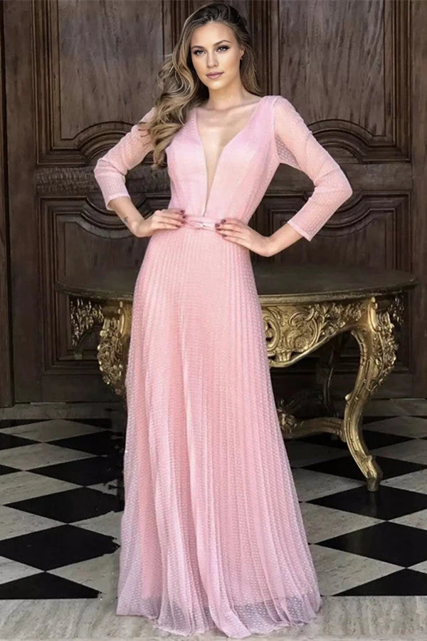 Pink Long Sleeves Prom Dress Tulle Long Holiday Party Dress Simple gentle atmospheric and unique design