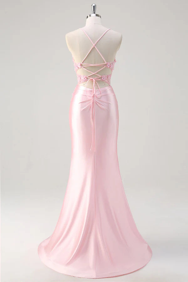 Pink Mermaid Corset Floral Prom Dress with Slit simple gentle atmospheric and unique desi