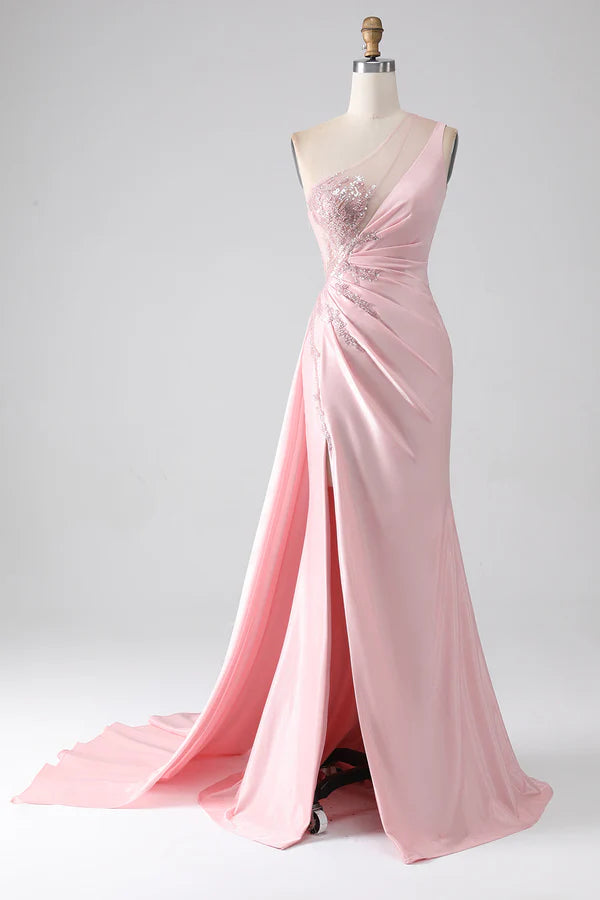 Pink Mermaid One Shoulder Sequins Appliques Ruched Prom Dress With Slit simple gentle atmospheric and unique desi