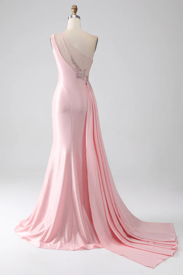 Pink Mermaid One Shoulder Sequins Appliques Ruched Prom Dress With Slit simple gentle atmospheric and unique desi