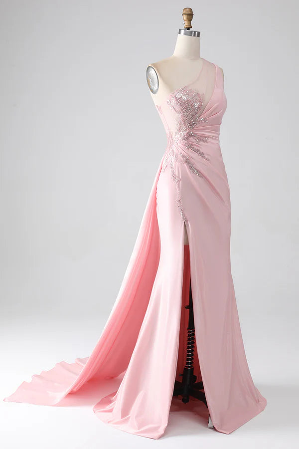 Pink Mermaid One Shoulder Sequins Appliques Ruched Prom Dress With Slit simple gentle atmospheric and unique desi