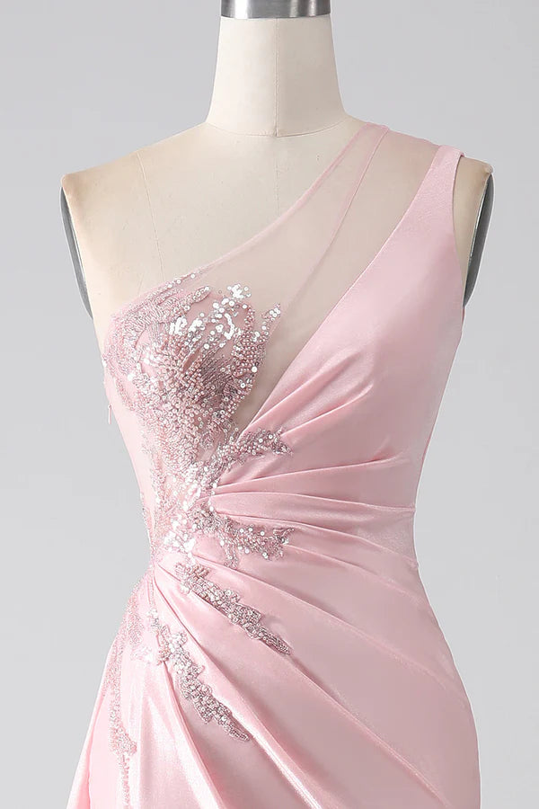 Pink Mermaid One Shoulder Sequins Appliques Ruched Prom Dress With Slit simple gentle atmospheric and unique desi