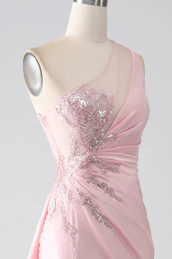 Pink Mermaid One Shoulder Sequins Appliques Ruched Prom Dress With Slit simple gentle atmospheric and unique desi