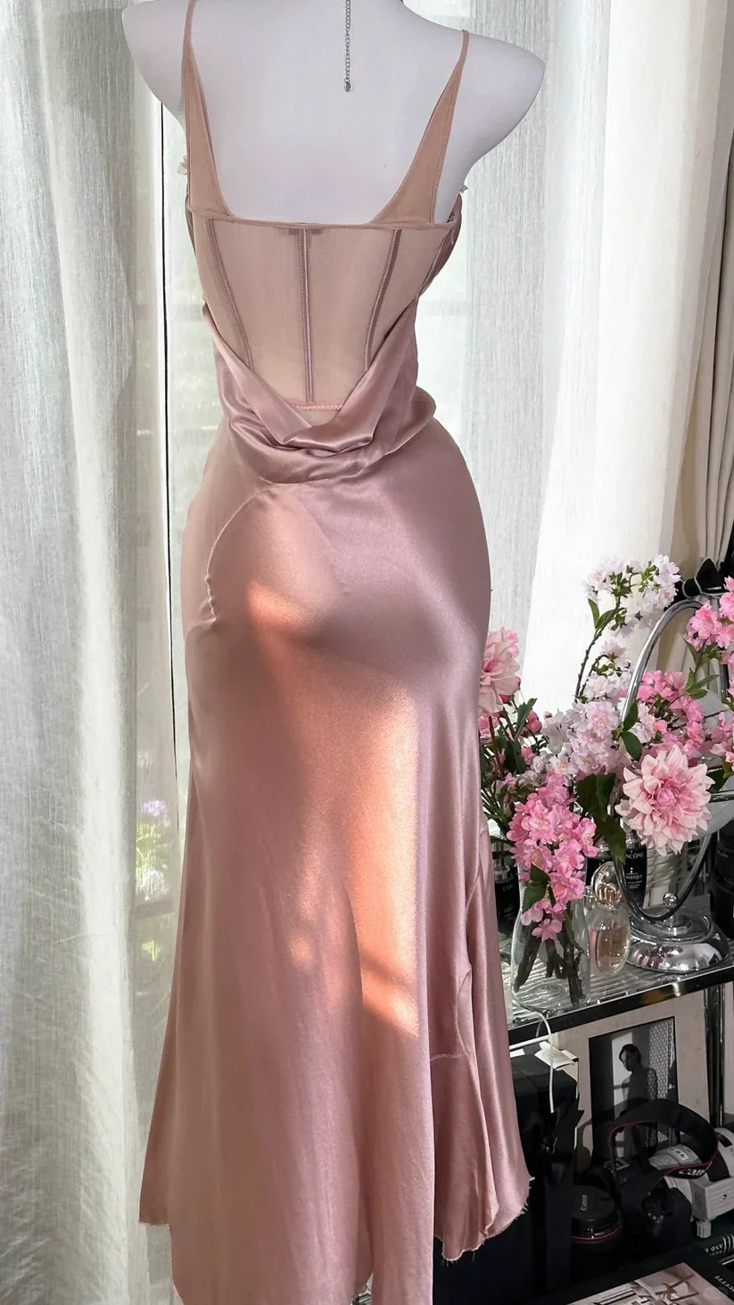 Pink Mermaid Spaghetti Strap Simple Satin Tulle Date Dress Evening Dress Wedding Guest Dress simple gentle atmospheric and unique desi Bring summer colors to enhance whiteness
