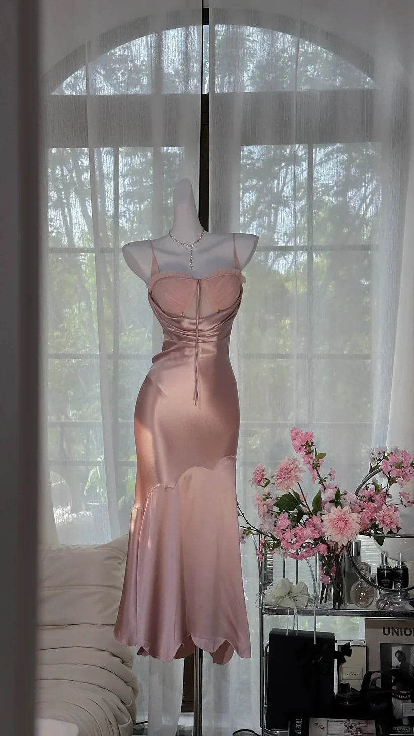 Pink Mermaid Spaghetti Strap Simple Satin Tulle Date Dress Evening Dress Wedding Guest Dress simple gentle atmospheric and unique desi Bring summer colors to enhance whiteness