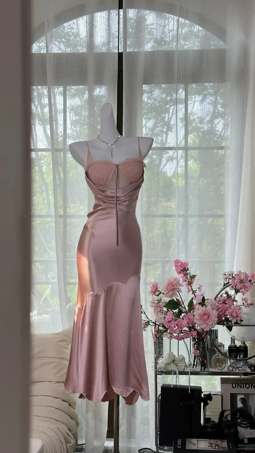 Pink Mermaid Spaghetti Strap Simple Satin Tulle Date Dress Evening Dress Wedding Guest Dress simple gentle atmospheric and unique desi Bring summer colors to enhance whiteness