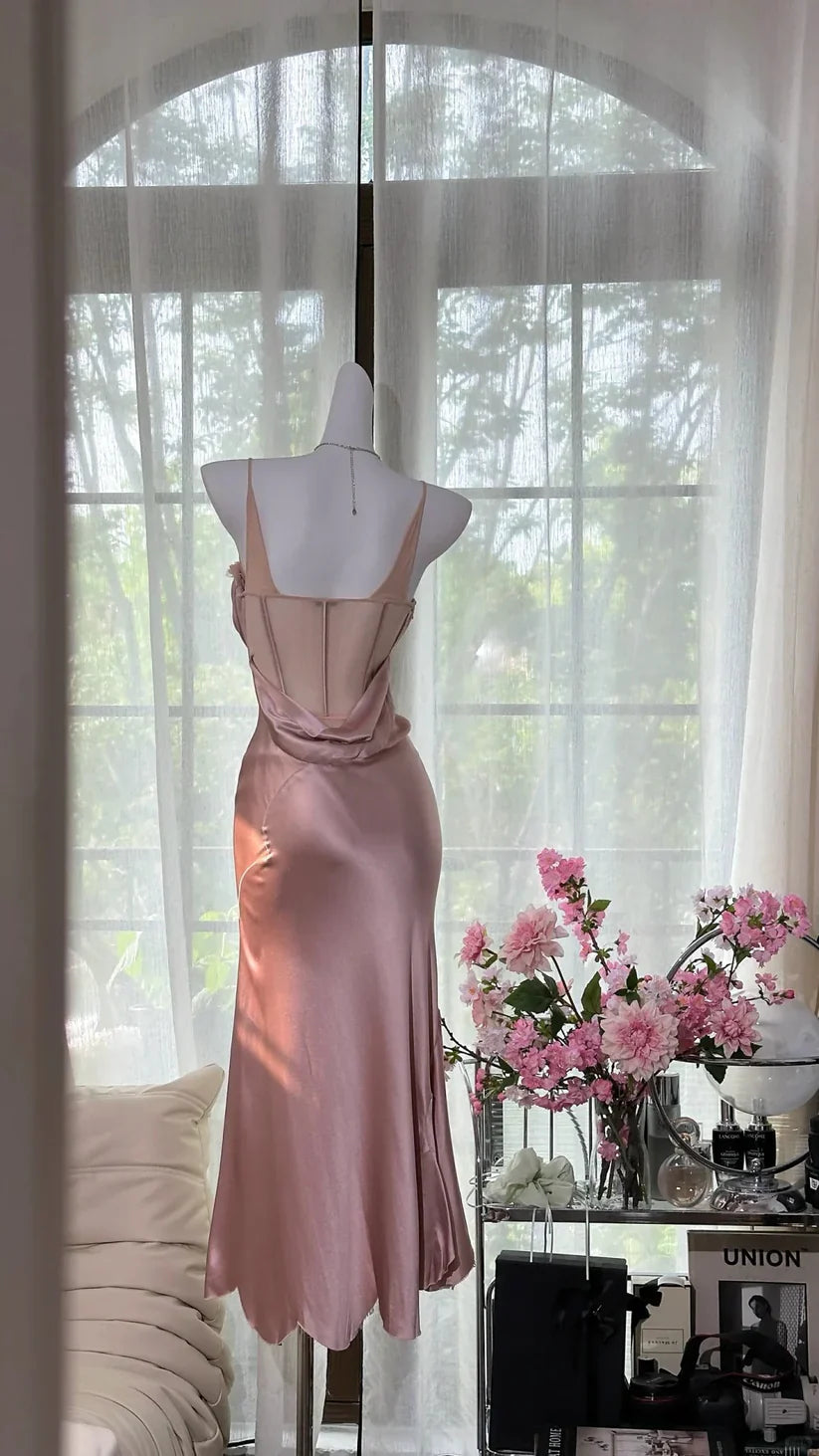 Pink Mermaid Spaghetti Strap Simple Satin Tulle Date Dress Evening Dress Wedding Guest Dress simple gentle atmospheric and unique desi Bring summer colors to enhance whiteness