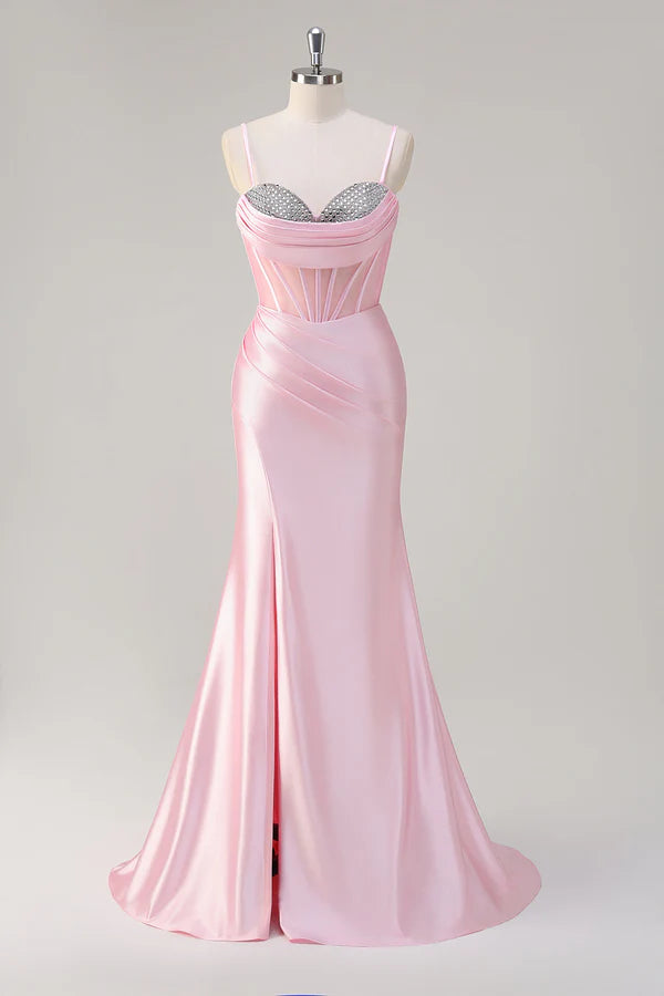 Pink Mermaid Spaghetti Straps Corset Prom Dress with Slit simple gentle atmospheric and unique desi