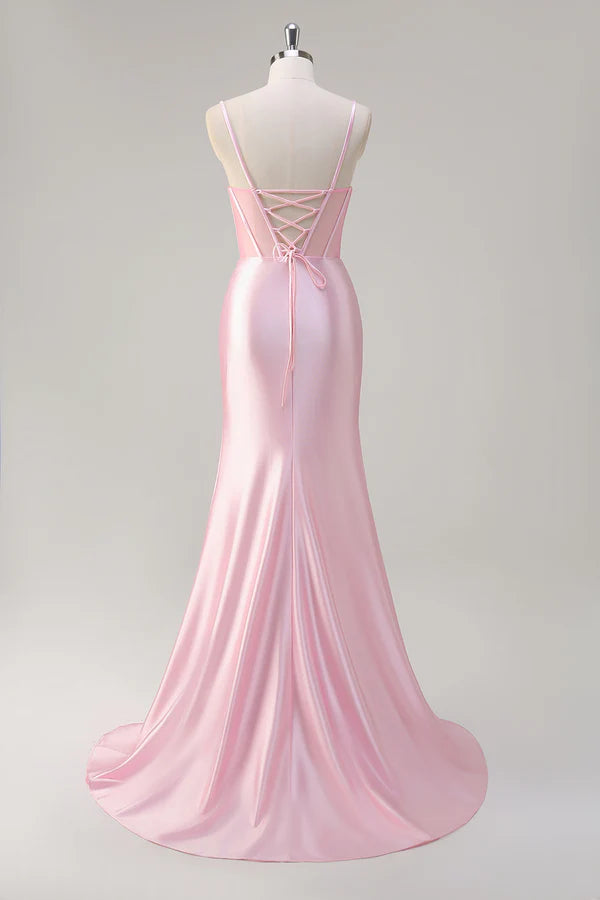 Pink Mermaid Spaghetti Straps Corset Prom Dress with Slit simple gentle atmospheric and unique desi
