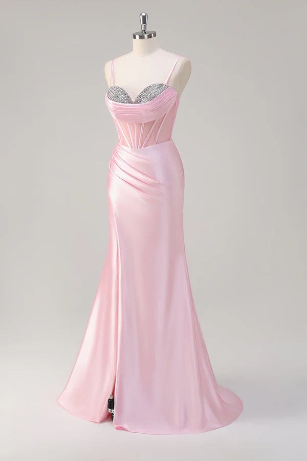 Pink Mermaid Spaghetti Straps Corset Prom Dress with Slit simple gentle atmospheric and unique desi