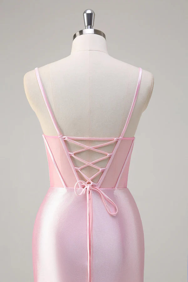 Pink Mermaid Spaghetti Straps Corset Prom Dress with Slit simple gentle atmospheric and unique desi