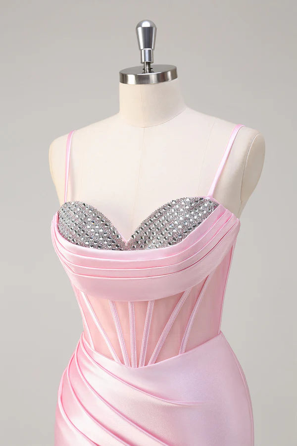 Pink Mermaid Spaghetti Straps Corset Prom Dress with Slit simple gentle atmospheric and unique desi