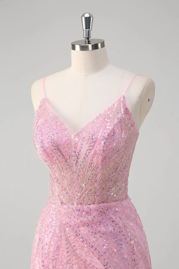Pink Mermaid Spaghetti Straps Sequin Corset Long Prom Dress simple gentle atmospheric and unique desi
