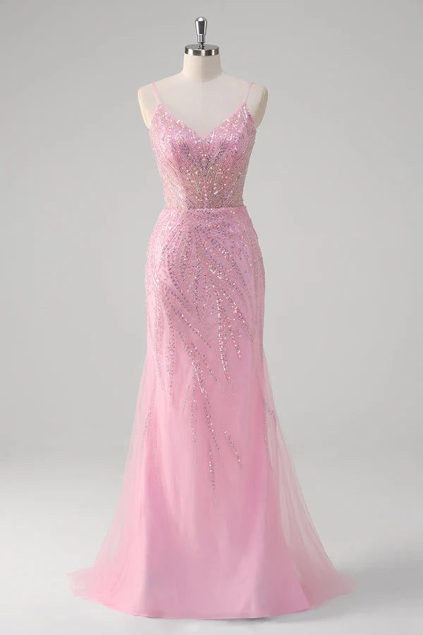 Pink Mermaid Spaghetti Straps Sequin Corset Long Prom Dress simple gentle atmospheric and unique desi