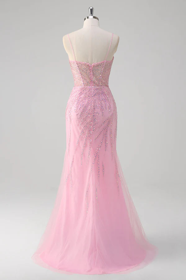 Pink Mermaid Spaghetti Straps Sequin Corset Long Prom Dress simple gentle atmospheric and unique desi