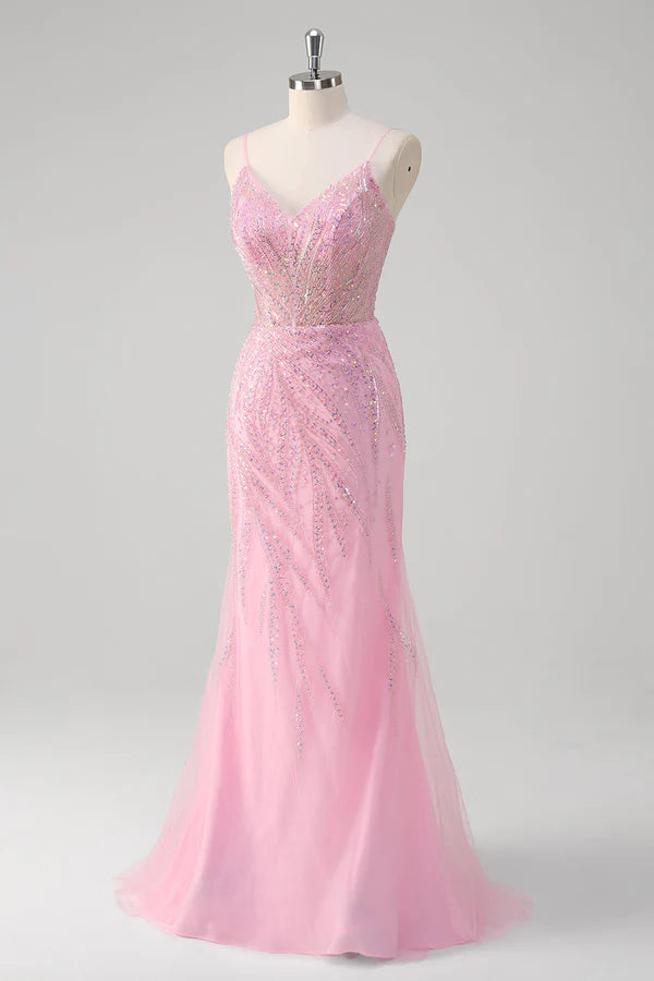 Pink Mermaid Spaghetti Straps Sequin Corset Long Prom Dress simple gentle atmospheric and unique desi