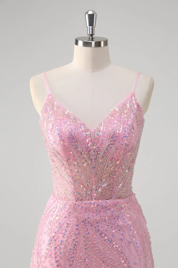 Pink Mermaid Spaghetti Straps Sequin Corset Long Prom Dress simple gentle atmospheric and unique desi