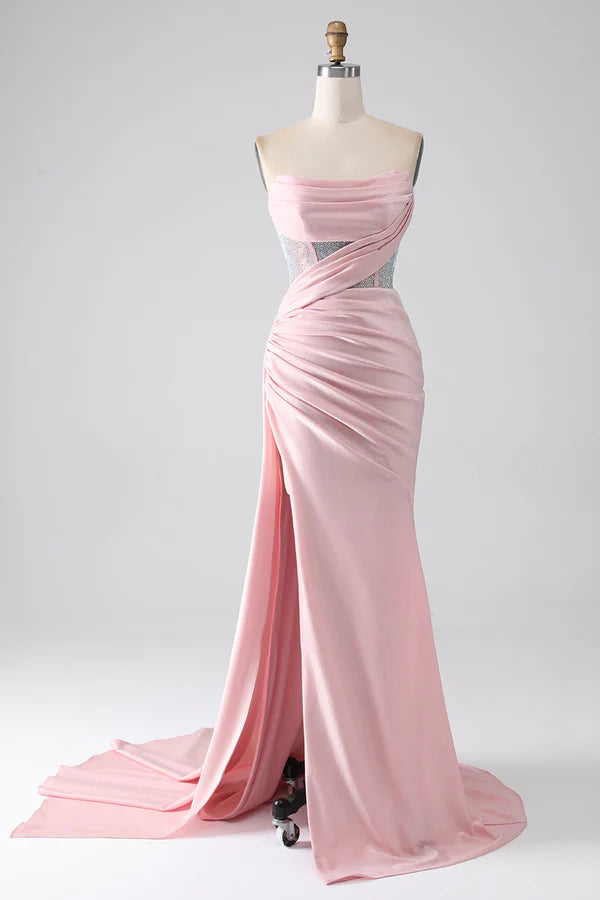 Pink Mermaid Strapless Beaded Pleated Long Prom Dress With High Slit simple gentle atmospheric and unique desi