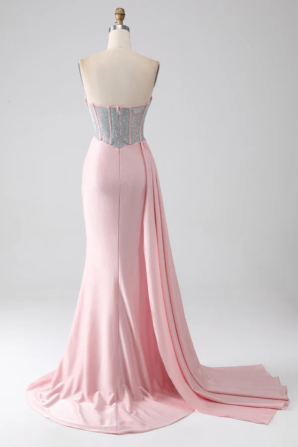 Pink Mermaid Strapless Beaded Pleated Long Prom Dress With High Slit simple gentle atmospheric and unique desi