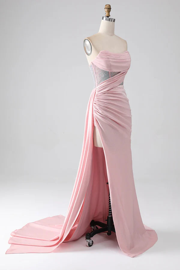 Pink Mermaid Strapless Beaded Pleated Long Prom Dress With High Slit simple gentle atmospheric and unique desi