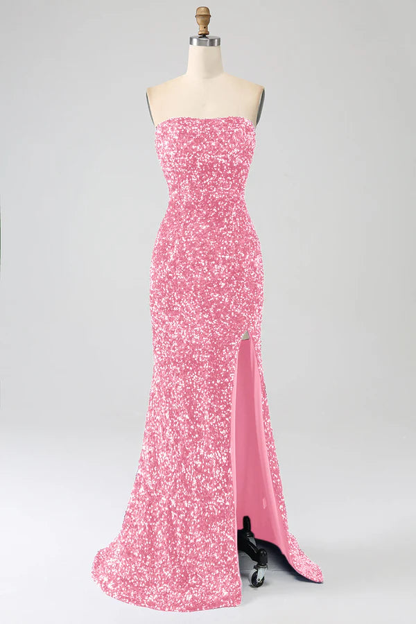Pink Mermaid Strapless Sequins Long Prom Dress With Slit simple gentle atmospheric and unique desi