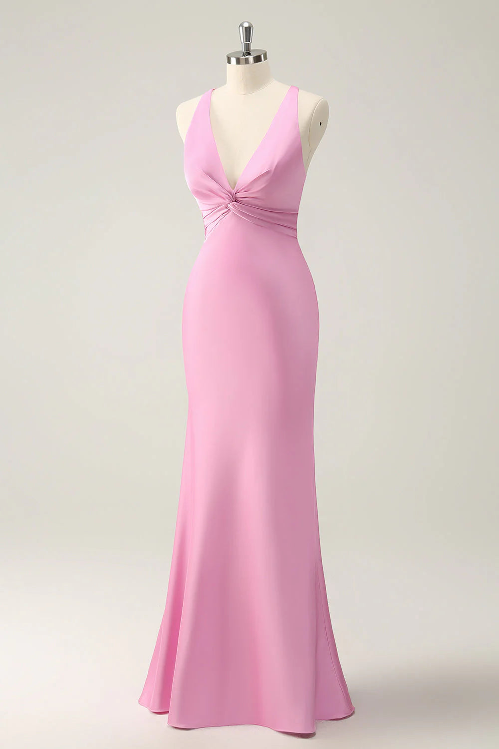 Pink Mermaid V Neck Satin Long Bridesmaid Dress simple gentle atmospheric and unique desi Bring summer colors to enhance whiteness