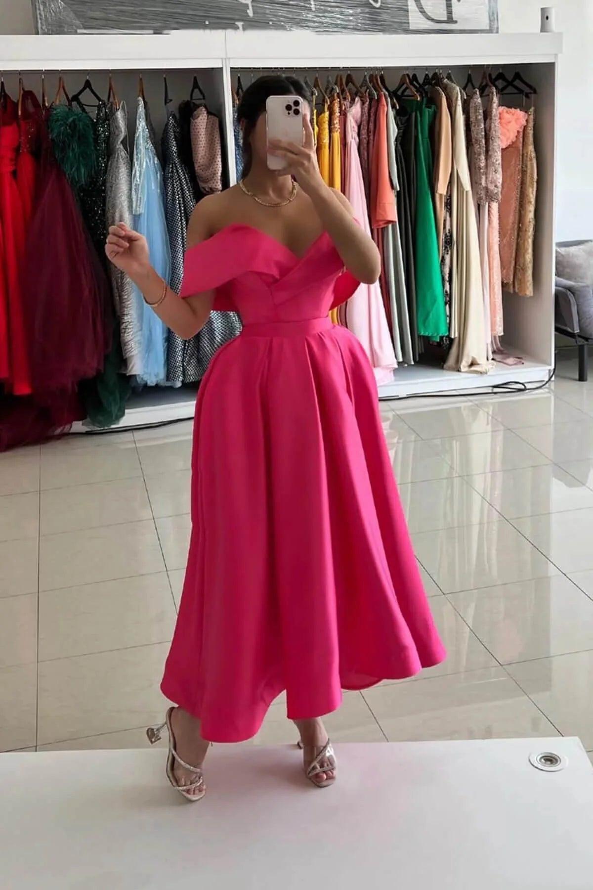 Pink Midi Length Formal Dress Off the Shoulder Satin Prom Dresses simple gentle atmospheric and unique desi Bring summer colors to enhance whiteness