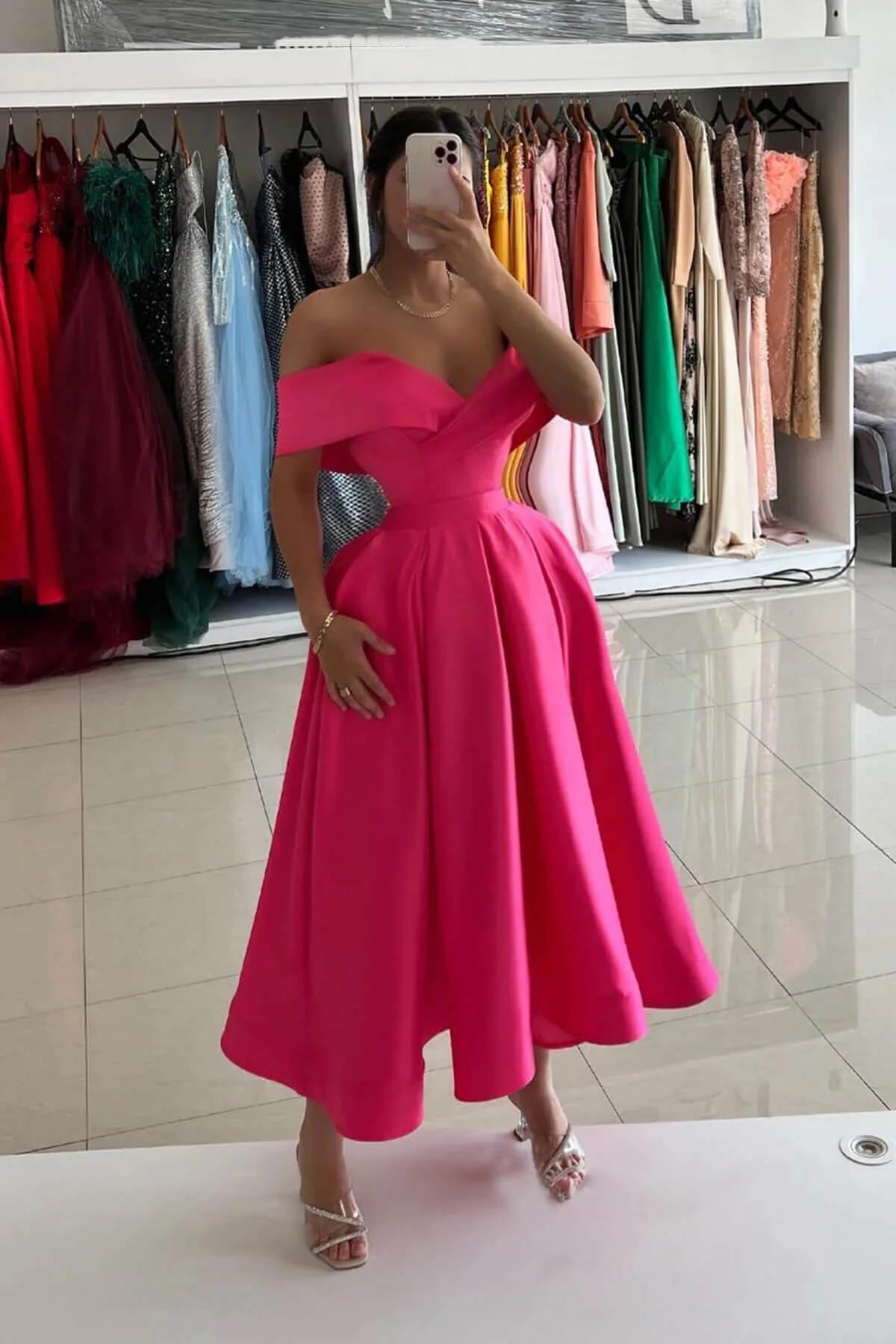 Pink Midi Length Formal Dress Off the Shoulder Satin Prom Dresses simple gentle atmospheric and unique desi Bring summer colors to enhance whiteness