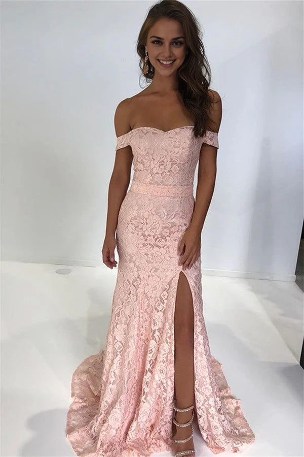 Pink Off-the-Shoulder Lace Prom Dress Mermaid With Slit Simple gentle atmospheric and unique design