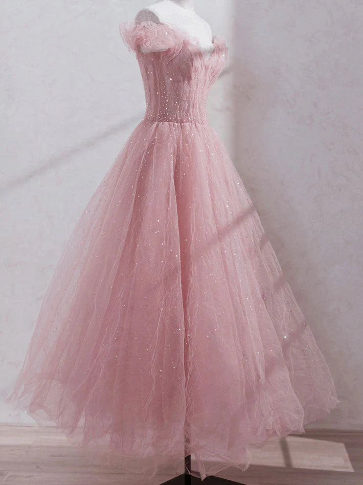 Pink Off Shoulder Tulle Tea Length Prom Dress Pink Tulle Wedding Party Dresses simple gentle atmospheric and unique desi Bring summer colors to enhance whiteness