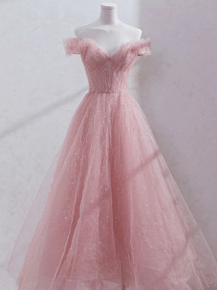 Pink Off Shoulder Tulle Tea Length Prom Dress Pink Tulle Wedding Party Dresses simple gentle atmospheric and unique desi Bring summer colors to enhance whiteness