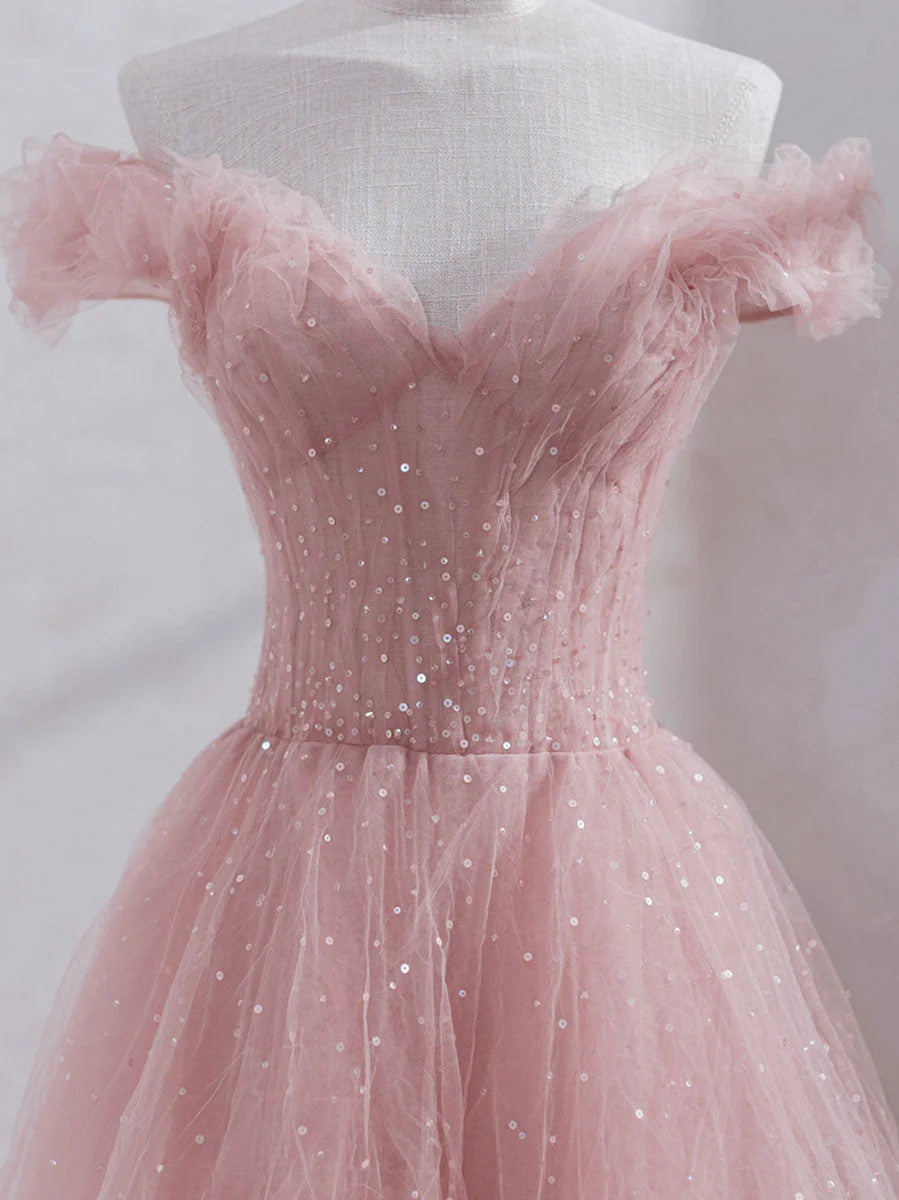 Pink Off Shoulder Tulle Tea Length Prom Dress Pink Tulle Wedding Party Dresses simple gentle atmospheric and unique desi Bring summer colors to enhance whiteness